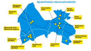 Kartta, jossa näkyvät ajankohtaiset rakennushankkeet,